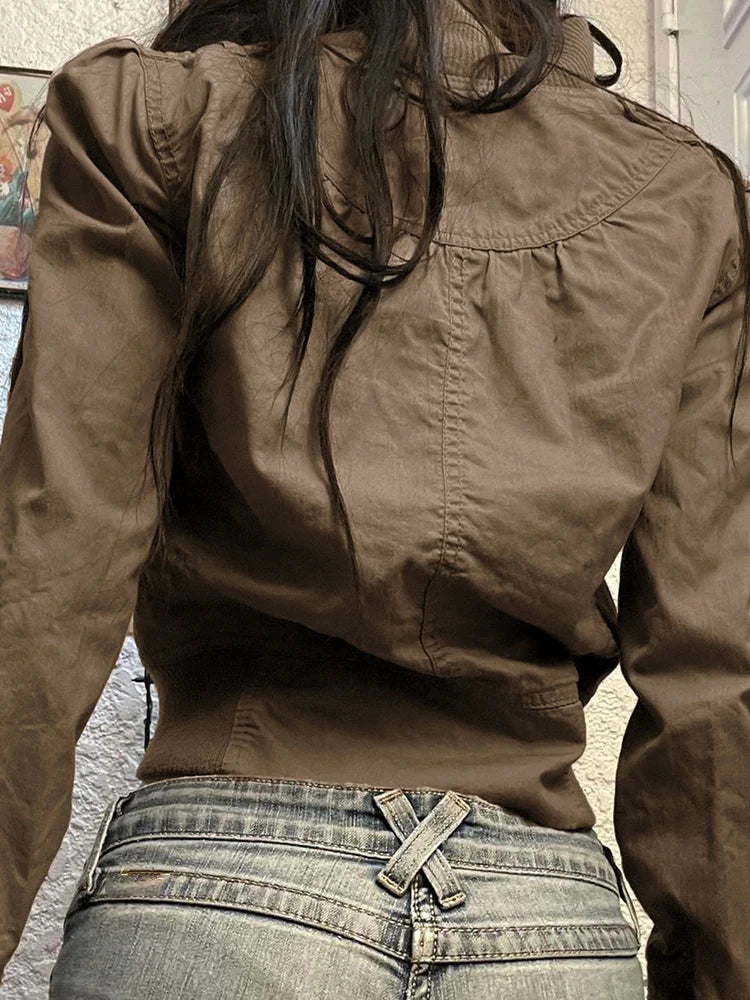 BXOXO Vintage Cropped Jackets for Women Harajuku Casual Slim Fit Zipper Coat Y2K Streetwear Long Sleeve Outerwear Autumn