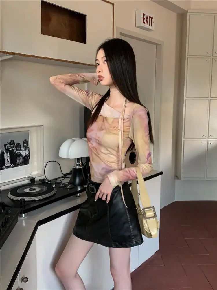 BXOXO Vintage Tie Dye T Shirt Women Flare Sleeve Mesh Tops Irregual Y2k Retro Crop Tops Streetwear Japanese 2000s Tshirts