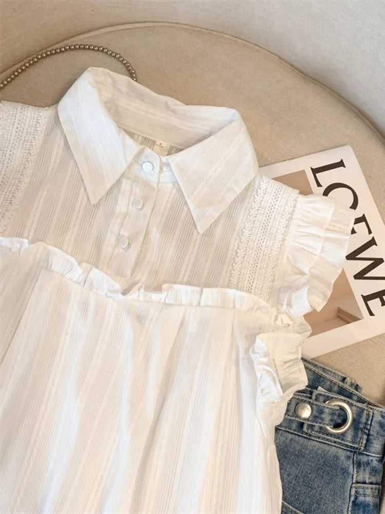 Bxoxo Elegant Sweet White Shirt Women Casual Ruffles Flying Sleeve Blouse Summer Cute Loose Design Female All Match Vintage Tops