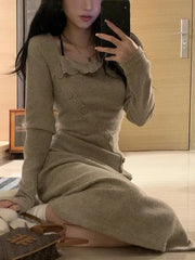 Bxoxo Autumn Square Collar Slim Midi Dress Women Fashion Single Breasted Casual Knitted Dress Elegant Office Lady Wrap Vestidos New