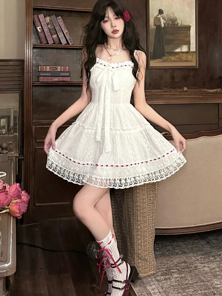 Bxoxo Sweet Lace Patchwork Camis Dress Women Sexy Spaghetti Straps Bow Dress Female Casual Cute Princess Wedding Party Dress New
