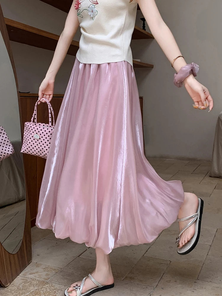 Bxoxo Elegant Stain White Long Skirt Women High Waist Fashion Korean Sweet Skirts Casual Design Summer Gown Ball Long Skirts New