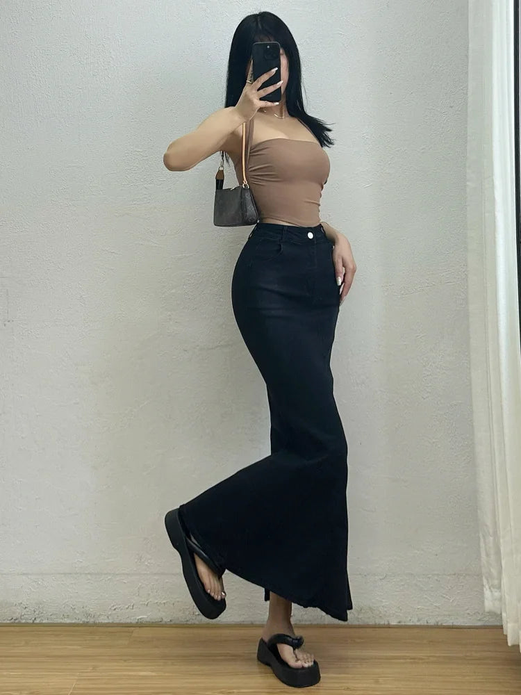 Bxoxo Spicy Girl Washed Denim Fishtail Half Skirt Women Summer High Waist Slim Split Slim Hip Long Skirt Fashion 2023 2Q1K