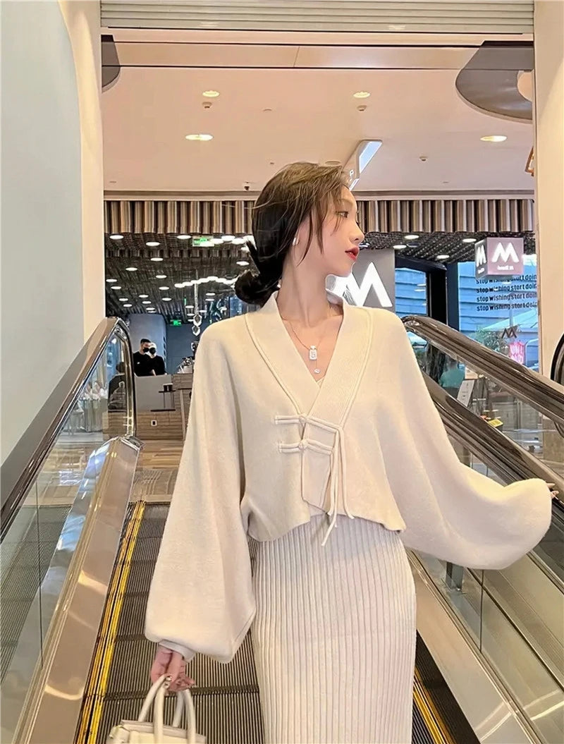 Bxoxo  Winter Elegant 2 Piece Sweater Dresses Set Women Loose Warm Knitted Bodycon Suit Female Casual Korean Fashion Chic Streetwear