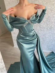 BXOXO Customized Exquisite Off The Shoulder Wedding Party Vestidos Luxury Long Sleeve Beading Design Evening Dress Crystal Taling Prom