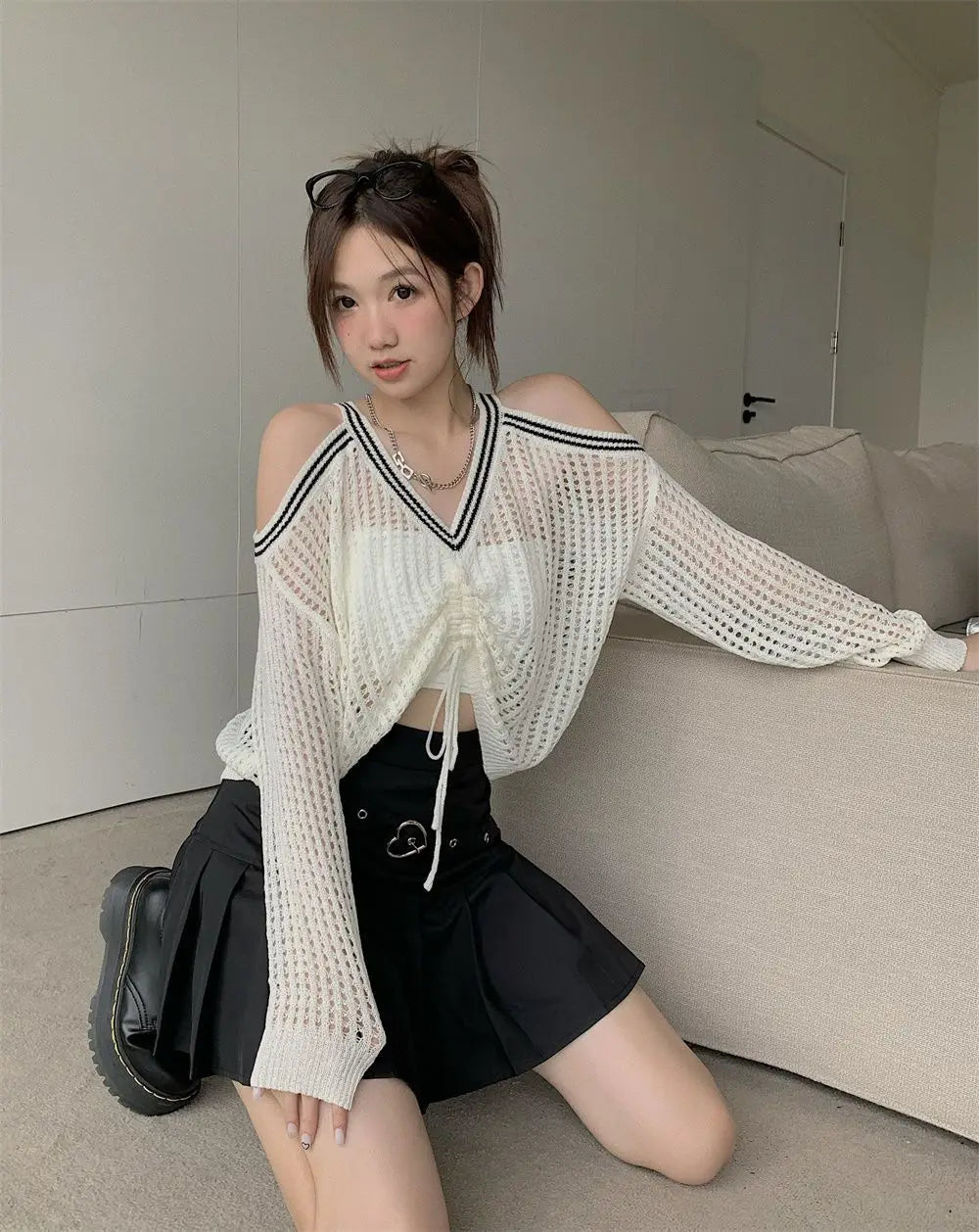 Bxoxo Off Shoulder Hollow Out Shirts Blouses Elegant and Youth Woman Blouse Drawstring Knitted V Neck Tops Vintage Y2k 2022 Fashion