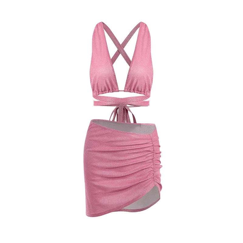 BXOXO Pink 2 Piece Cut Out Evening Prom Bodycon Mini Skirts and Top Sets Sexy Club Wear Rave Festival Outfit Women Clothing