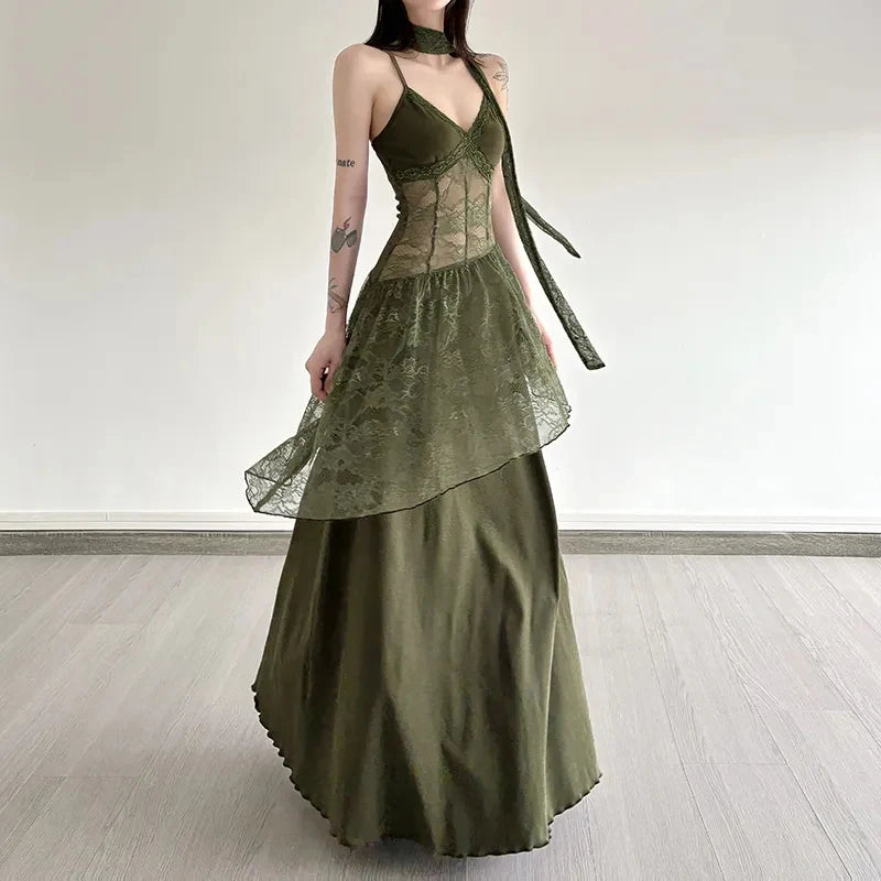 Bxoxo Lace Patchwork Women Camis Dress French Elegant Hepburn Style Splicing Midi Dress Y2K Streetwear Hot Girls Vacation Vestidos