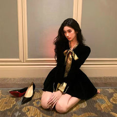 Bxoxo Velvet Lace Up Mini Dress Autumn Korean Chic Bow Patchwork Mini Dress Fashion Aesthetic Streetwear Party Club Ladies Vestidos