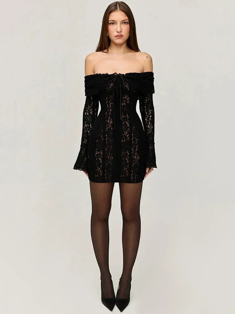 BXOXO Women's Lace Bodycon Maxi Dress Black Long Elegant Wedding Guest Party Dresses Flare Sleeve Evening Dress