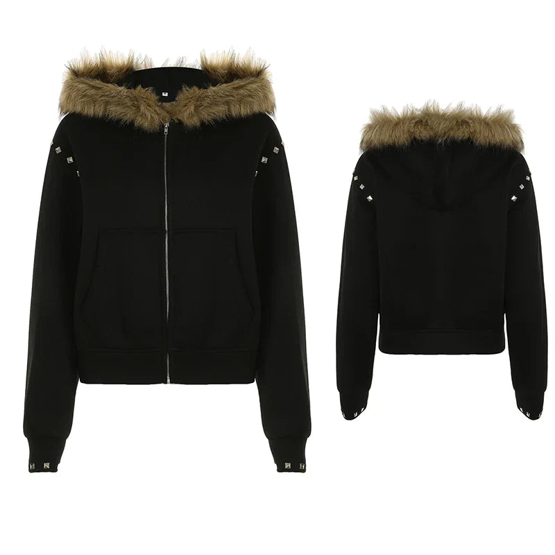 BXOXO Zip Up Fur Neck Hoodie Coats Fashion Slim Solid Y2K Vintage Women's Jackets Casual Streetwear Chic Basics Clothes