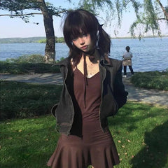 BXOXO Y2k Japanese Dress Women Sleeveless Irregual A-line Dresses Vintage Streetwear Spaghetti Strap Dress High Waist Korean
