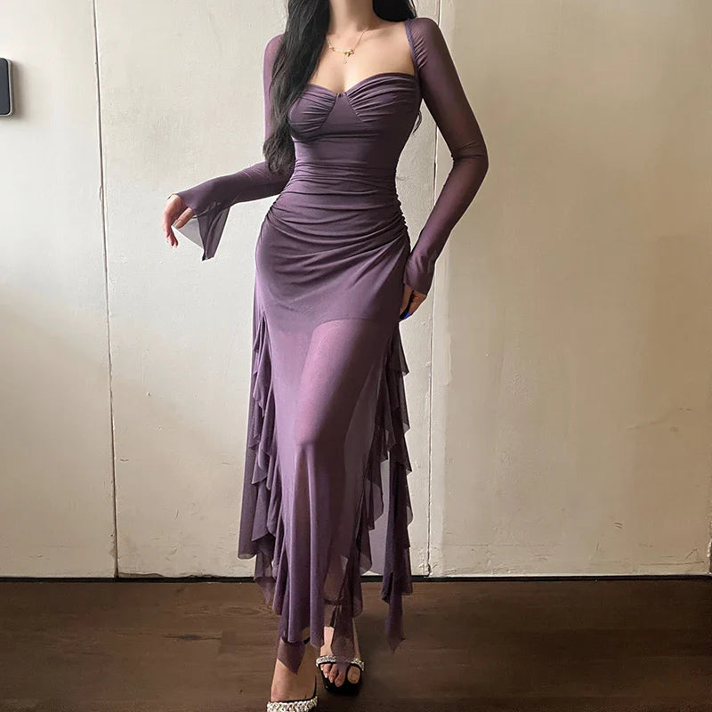 BXOXO Purple Mature Sexy Beautiful Confident Elegant Graceful Women'S Translucent Thin Straight Dress