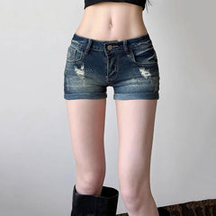 Bxoxo Summer Women Hole Denim Shorts Y2K Sexy Low Waist Slim Hot Rhinestones Short Jeans Women Retro Streetwear Roll Up Hem Shorts