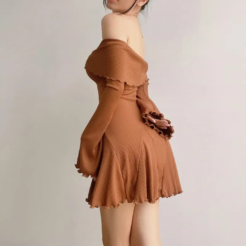 BXOXO Autumn Black A-LINE Dress Women Streetwear Sexy Strapless Off Shoulder Long Sleeves Knitting Mini Dresses Club Elegant Partywear