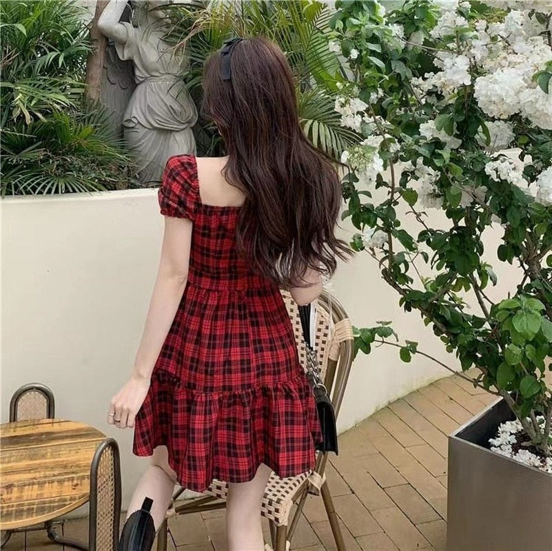 BXOXO - Puff Sleeve Plaid Dress