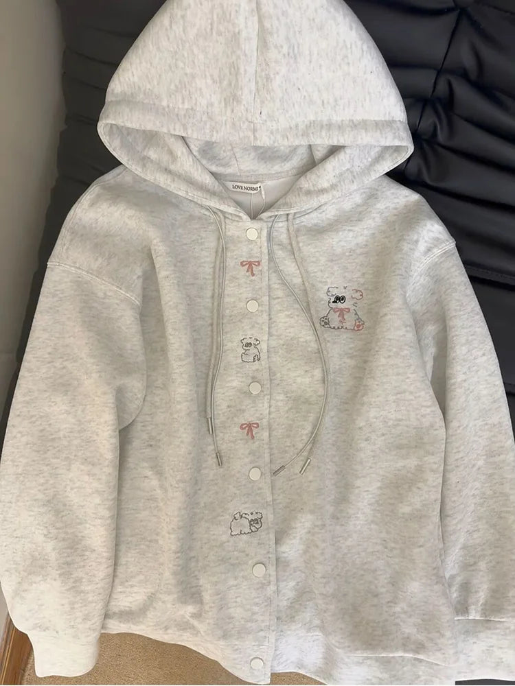 Bxoxo Cartoon Embroidery Cute Hoodies Women Vintage Oversize Loose Long Sleeve Sweatshirts Preppy Style Kawaii Japan Lady Outwear Tops
