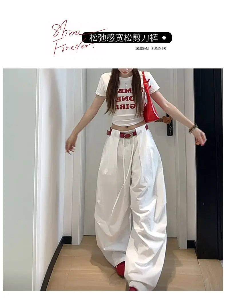 Bxoxo White Basic High Waist Wide Leg Women Pants Solid Color Korean Fashion Parachute Trousers Baggy Lace Up Youthful Summer