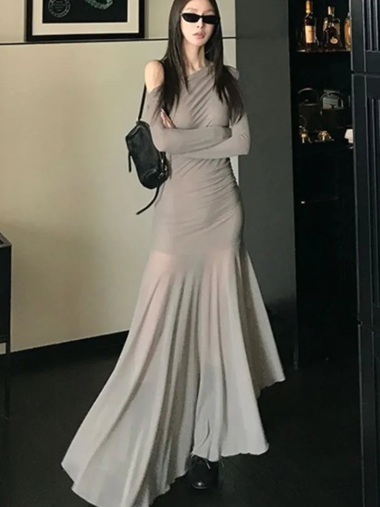Bxoxo Sexy Vintage Elastic Women's Party Dresses 2025 Spring Summer Long Sleeve Chic Irregular Slim Waist Slash-Neck Dress Prom Robe