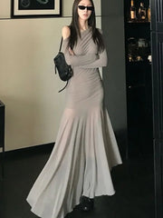Bxoxo Sexy Vintage Elastic Women's Party Dresses 2025 Spring Summer Long Sleeve Chic Irregular Slim Waist Slash-Neck Dress Prom Robe