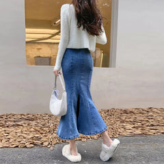 Bxoxo Long Denim Skirt for Women High Waist Autumn Blue Slim Jean Fishtail Skirt Korean Fashion Skinny Solid Elastic Slit Skirt Women