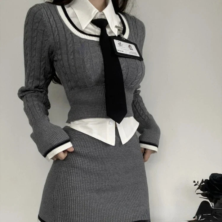 BXOXO Fashion Knitted Suit Woman Y2k Crop Tops Sweater + Casual Shirt Slim Bodycon Mini Skirt Korean 3 Piece Set 2025 Autumn