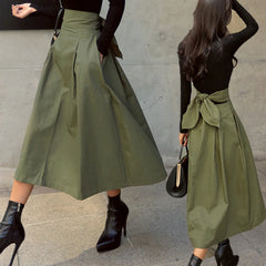 Bxoxo Skirts Womens Korean Fashion Solid Color Big Swing Ladies Skirt Long Skirt Autumn Wild High Waist Bow Slim Skirts