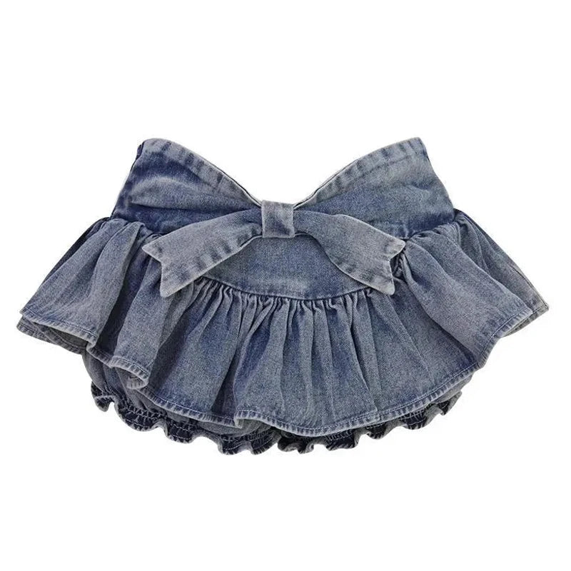 Bxoxo Y2k Bow Denim Skirt with shorts Kawaii Women Vintage Gyaru Ruffle Low Waist Sexy Pleated Mini Skirts Summer Streetwear