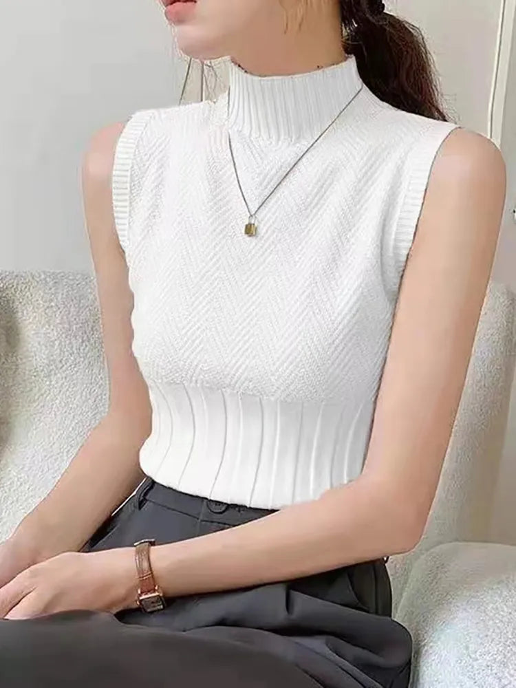 BXOXO Women Summer Casual Knitted Tank Tops Solid Sleeveless Half High Collar Slim Base Shirt Sexy Top Knitwear Y2k High Street