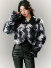 Bxoxo Fashion Tie Dye Faux Lamb Coat Women Y2K Streetwear All Match Hairy Crop Outerwear Fall Winter Pu Leather Patchwork Fur Jacket