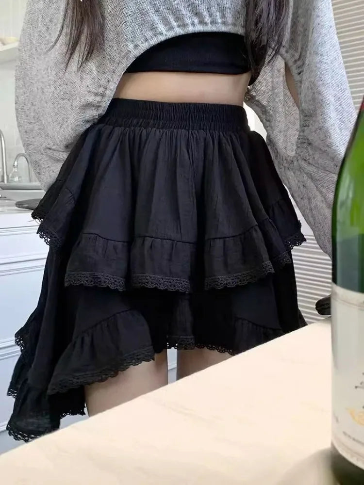 BXOXO Mini Skirts Women Irregular Lace Patchwork Ruffles Stretch High Waist 2025 Summer Fashion Sweet Skirt Female Casual
