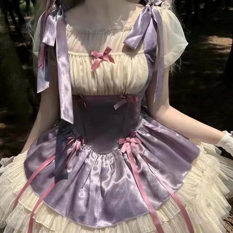 Bxoxo Victorian Sweet Lolita Dress Women Kawaii Bowknot Print Ruffles Party Mini Dresses Japanese Vintage Elegant Mesh Princess Dress