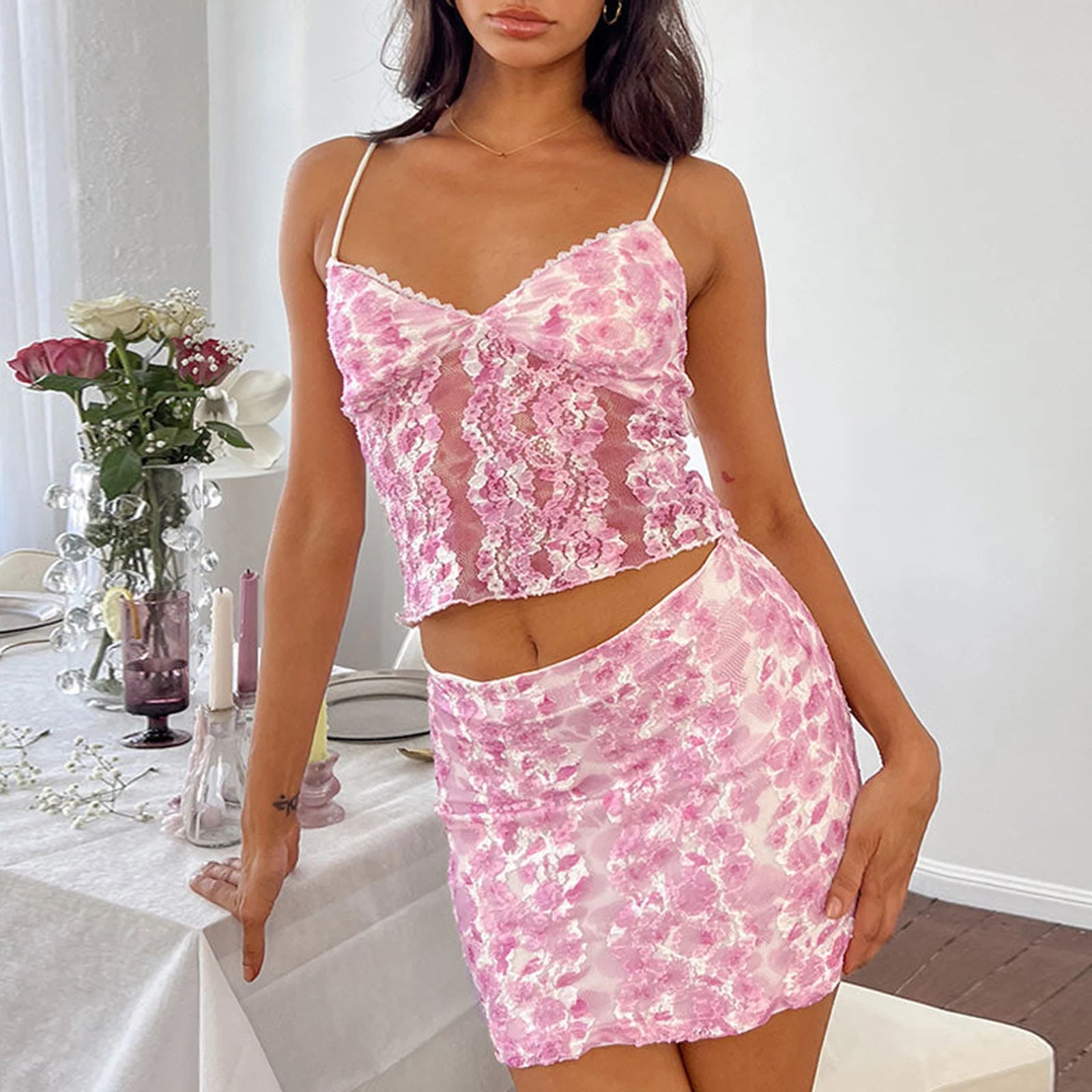 BXOXO Women Summer Skirts Outfits Lace Floral V-Neck Sleeveless Cami Tops Mini Skirts 2 Pieces Clothes Set y2k Streetwear