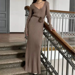 Bxoxo Sexy V-neck Elegant Knitted Dress Women Vintage Coquette Long Dress Autumn Winter Retro A-line Party Dresses Slim Up