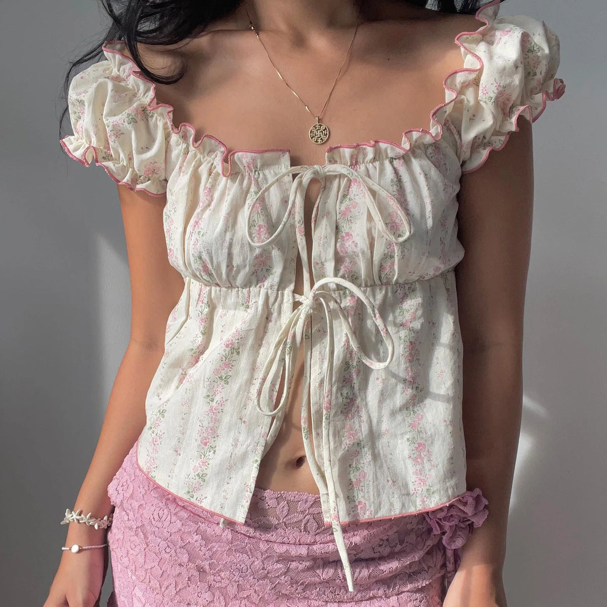 BXOXO Women Y2k Fairy Lace Shirts Cap Sleeve Button Down Lace Patchwork T-Shirts Aesthetic Babydoll Crop Tops Summer Streetwear