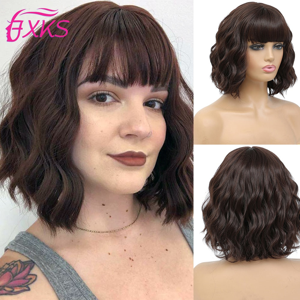 BXOXO Blonde Gold Short Wavy Synthetic Wigs With Bangs Brown Grey Silver Black Color Body Wave Hair Wigs 14Inch 200G For Women FXKS