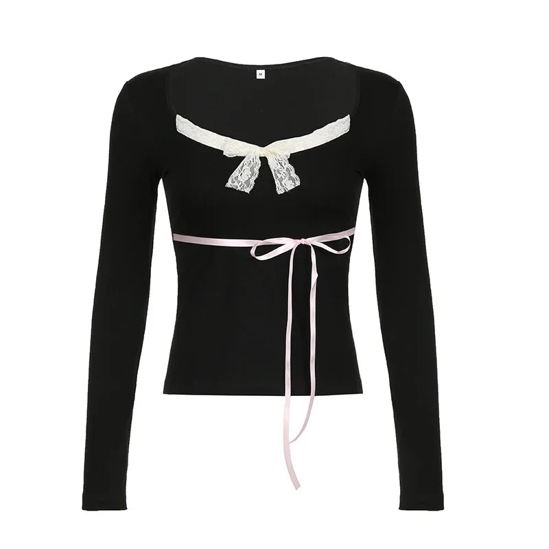 BXOXO Y2K Lace Patchwork Top Contrast Color Women Autumn Spring Ribbon Lace-up Bow Coquette T-shirts Cute Causal Basics Tees