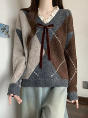 Bxoxo Sweet Bow Argyle Sweaters Women Retro Preppy Style Loose Knitted Pullover Lace Patchwork Long Sleeve Female Vintage Jumpers Fall