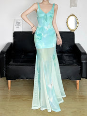 BXOXO Fashion Elegant Butterfly Print Skinny Sheer Trim Trumpet Sleeveless Summer New Mint Manbo Dresses