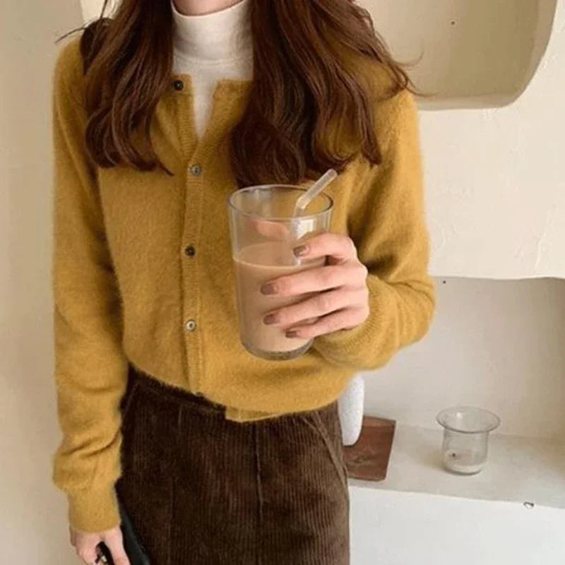 BXOXO Cold Weather Outfits Fall Solid Color Knitted Cardigan Women Korean Single Breasted Long Sleeve Jumper Woman Round Neck All Match Sweater Outwear Top