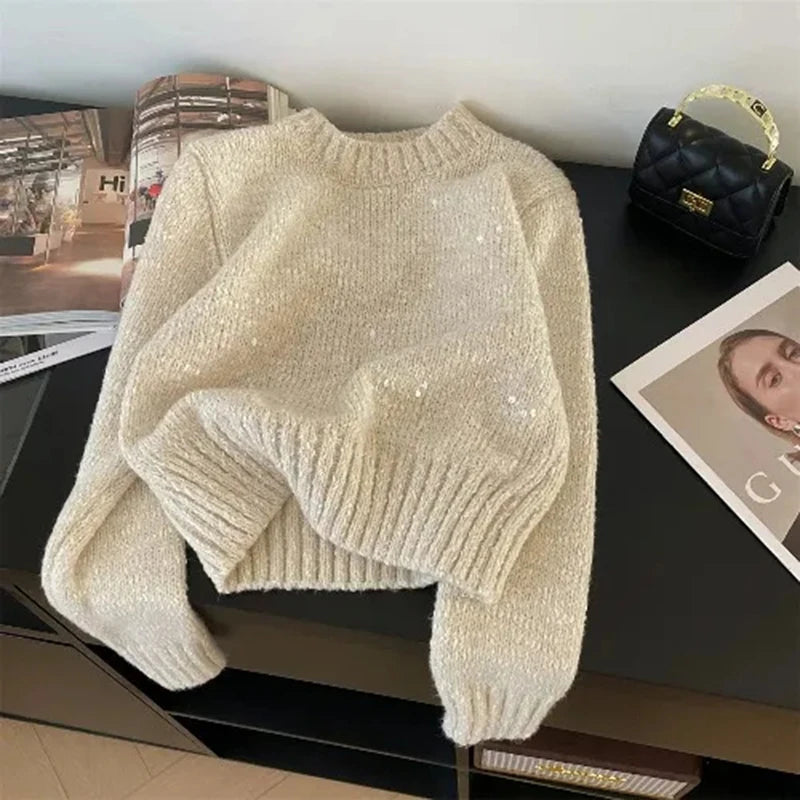 Bxoxo Sequins Knitted Sweaters for Women Autumn Loose Thick Long Sleeve Crop Pullover Female Korean All Match O Neck Jumper Mujer