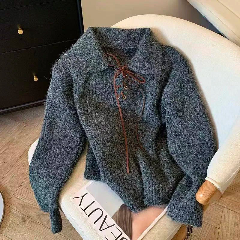 Bxoxo Lapel Lace Up Knitted Sweater for Women Autumn Loose Thick Warm Casual Pullovers Korean Long Sleeve All Match Jumpers Mujer