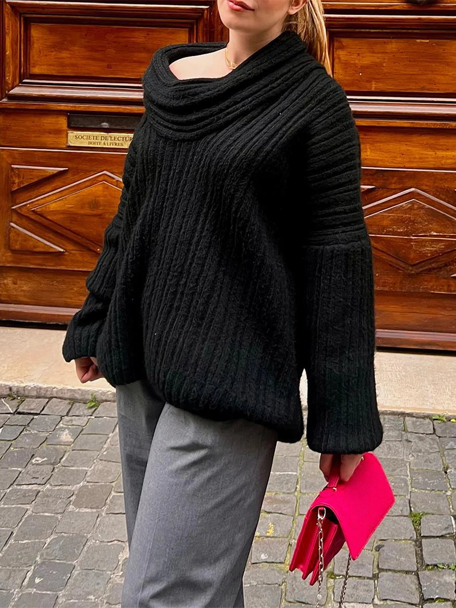 Bxoxo Women y2k Loose Knit Sweater Solid Color Long Sleeve Boat Neck Off Shoulder Pullovers Fall Winter Casual Jumpers Streetwear
