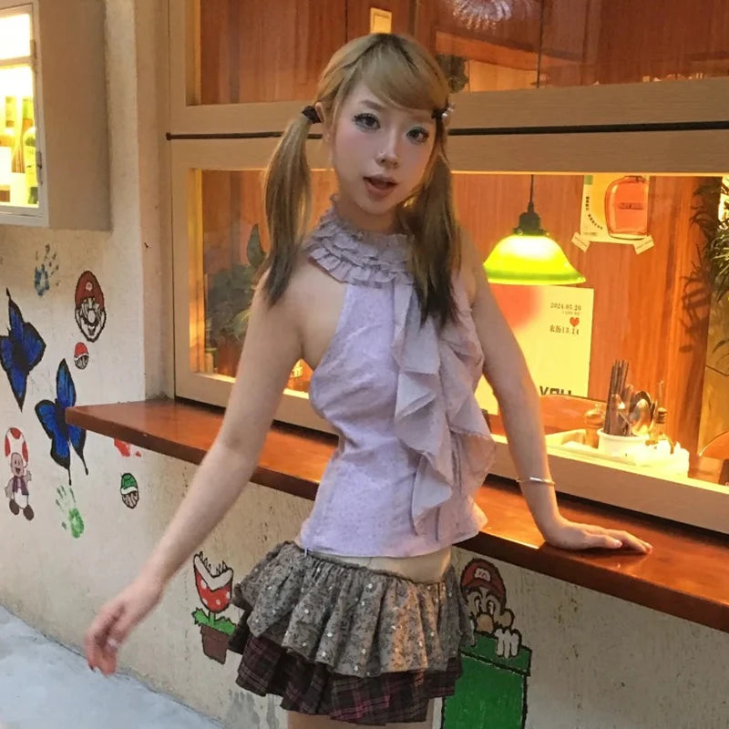 BXOXO Y2k Japanese Tank Tops Women Leopard Sleeveless T-shirt Streetwear Fairycore 2000s Aesthetic Lace Camis Ruffles Summer