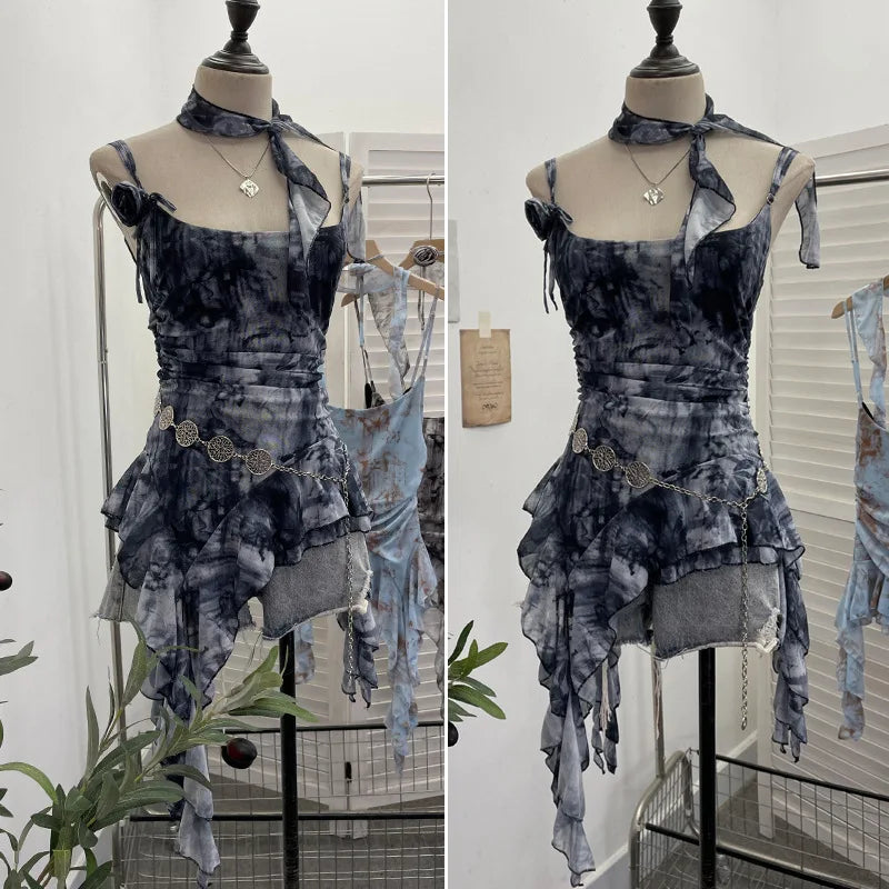 BXOXO Women's Vintage Tie-dye Printed Mesh Spaghetti Strap Camisole Hot Girl Irregular Ruffled Ribbon Sleeveless Top Partyclub 1185