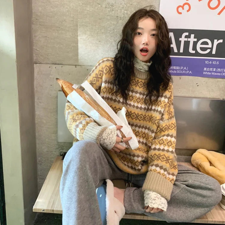 Bxoxo Winter Knitwear Pullover Sweaters For Women Top Blue Vintage Long Loose Autres Sweats Warm Korea Fashion Kawaii Jersey Jumper