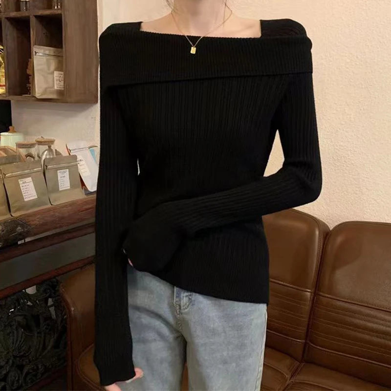 Bxoxo Women Off Shoulder Knit Sweater Slash Neck Long Sleeve Slim Knitwear Jumpers Office Sweater For Women 2024 Autumn Winter