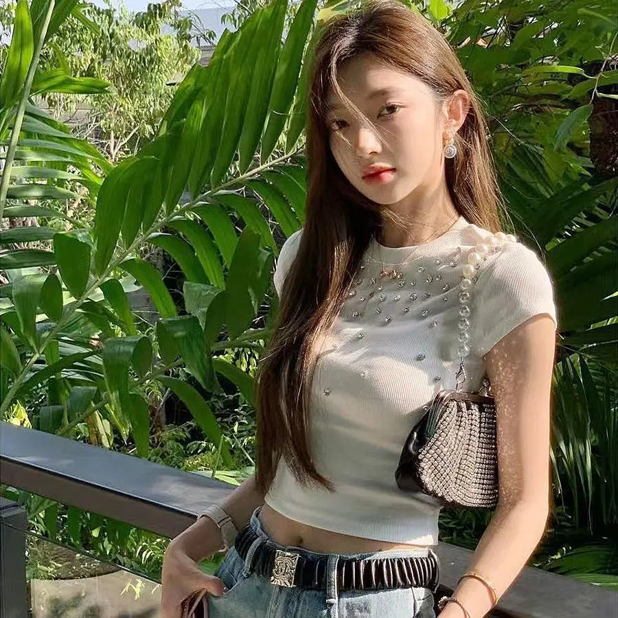 Bxoxo Cotton Short Sleeve T Shirt for Women Summer Sexy Slim 3D Artificial Diamond Inlay Crop Tops Y2K Harajuku O Neck All-Match Tees