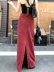 BXOXO Women's Red Split Back Denim Skirt Summer Chic Design Street Style Solid Color Female Straight Floor Length Long Skirts