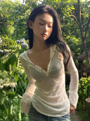 BXOXO Hooded T Shirt Women Clothes Long Sleeve See Through Slim 2000s Clothes Y2k Tees Female Clothing Chic Spring Tops Korean
